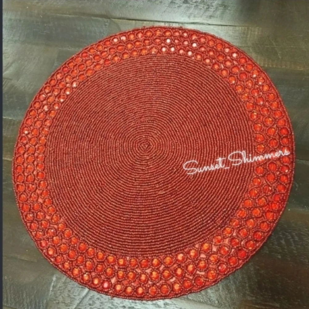 4 TAHARI Vampire Red Jeweled Glass Beaded Charger Placemats 15” Round NEW